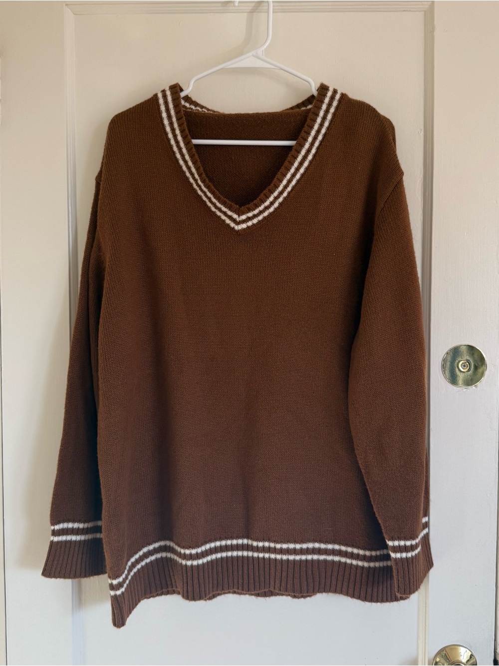 Brown V-Neck Sweater with White Trim